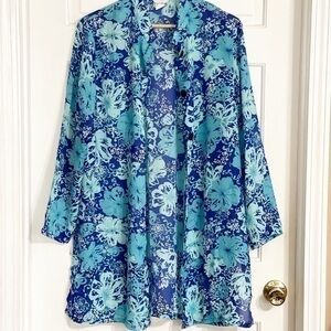 Elizabeth Williams Blue Turquoise Floral Long Top